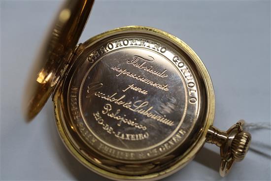 An early 20th century 18ct gold Patek Philippe keyless lever Chronometre Gondolo open face pocket watch,